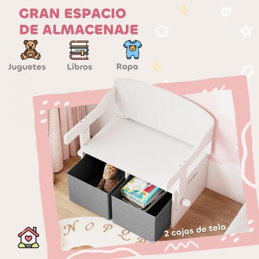 Banco Infantil Convertible 3 en 1 Juego de Mesa y Silla Baúl de Juguetes con Cubos de Tela Extraíbles Blanco [7]