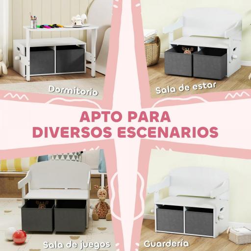 Banco Infantil Convertible 3 en 1 Juego de Mesa y Silla Baúl de Juguetes con Cubos de Tela Extraíbles Blanco [8]