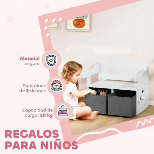 Banco Infantil Convertible 3 en 1 Juego de Mesa y Silla Baúl de Juguetes con Cubos de Tela Extraíbles Blanco [9]