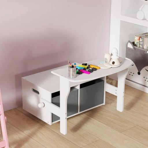 Banco Infantil Convertible 3 en 1 Juego de Mesa y Silla Baúl de Juguetes con Cubos de Tela Extraíbles Blanco [3]