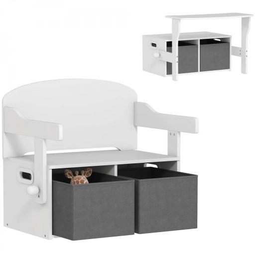 Banco Infantil Convertible 3 en 1 Juego de Mesa y Silla Baúl de Juguetes con Cubos de Tela Extraíbles Blanco [6]