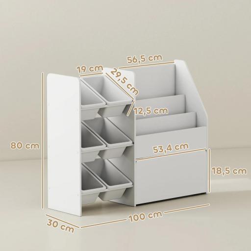 Estantería Infantil para Juguetes con 6 Cajas Extraíbles 3 Estantes Abiertos y Cajón Inferior con Ruedas para Guardería [5]