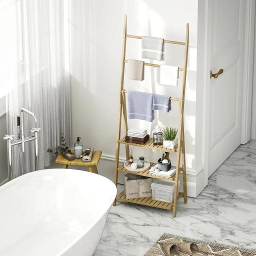 Estantería de Baño de Bambú Plegable con 3 Estantes con Barras Estantería de Madera en Forma de A 53,5x30x53 cm Natural [7]