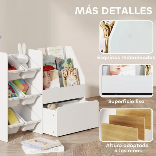 Estantería Infantil para Juguetes con 6 Cajas Extraíbles 3 Estantes Abiertos y Cajón Inferior con Ruedas para Guardería [8]