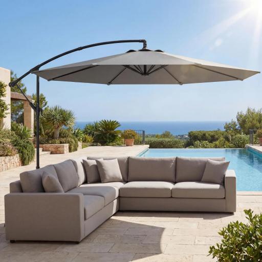 Parasol Excéntrico Ø300 cm con Base Cruzada Toldo Ajustable y Manivela UPF30+ para Terraza Patio Gris [6]