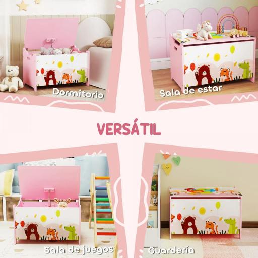 de Almacenaje de Juguetes Baúl Juguetes Infantil con Tapa Abatible Asas Estampados de Animales 60x37x39 cm Rosa [8]