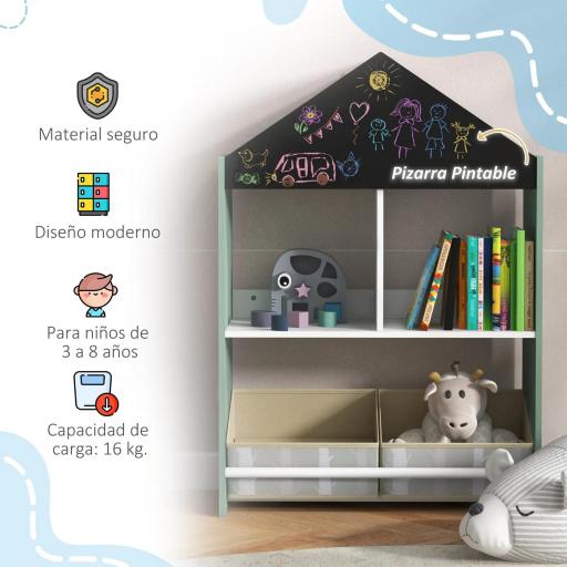 Organizador Infantil Estantería para Juguetes con Estantes Abiertos y 2 Cajas Extraíbles 62,4x26,5x90 cm Verde [6]
