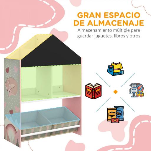 Organizador Infantil Estantería para Juguetes con Estantes Abiertos y 2 Cajas Extraíbles 62,4x26,5x90 cm Rosa [6]