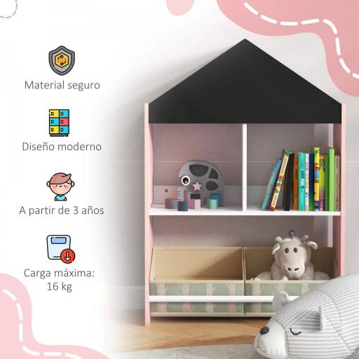Organizador Infantil Estantería para Juguetes con Estantes Abiertos y 2 Cajas Extraíbles 62,4x26,5x90 cm Rosa [3]