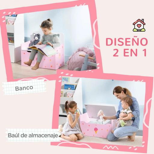  2 en 1 Banco Infantil con Baúl de Almacenamiento para Niños de +18 Meses Carga 50 kg 60x30x50 cm Rosa [2]