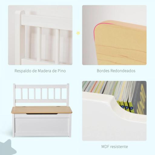 Baúl para Juguetes Banco Almacenaje para Niños con Respaldo y Tapa Amortiguadora Carga 40 kg para Salas de Juego Dormitorio 60x30x50 cm Blanco [6]