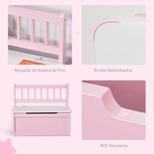 Banco Almacenaje para Niños con Respaldo Tapa Amortiguadora Carga 30 kg para Salas de Juego 68,5x34x58 cm Rosa y Blanco [7]