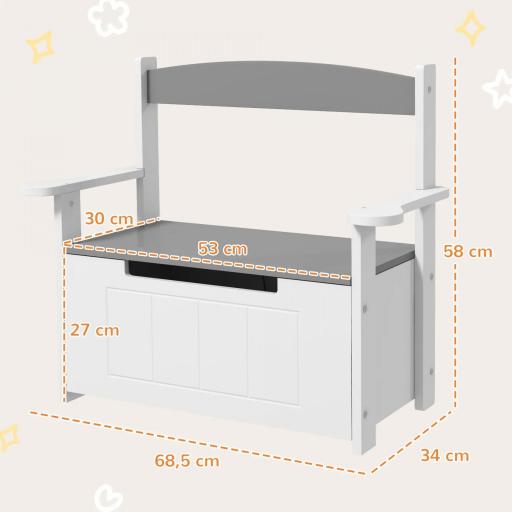 Banco Almacenaje para Niños con Respaldo Tapa Amortiguadora Carga 30 kg para Salas de Juego 68,5x34x58 cm Gris y Blanco [2]