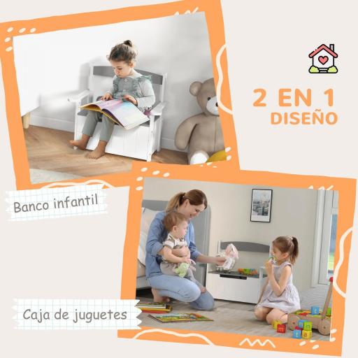 Banco Almacenaje para Niños con Respaldo Tapa Amortiguadora Carga 30 kg para Salas de Juego 68,5x34x58 cm Gris y Blanco [8]