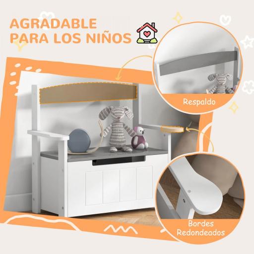 Banco Almacenaje para Niños con Respaldo Tapa Amortiguadora Carga 30 kg para Salas de Juego 68,5x34x58 cm Gris y Blanco [1]