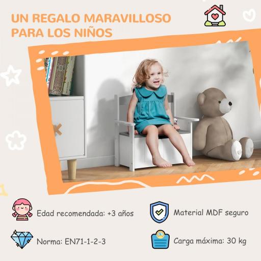 Banco Almacenaje para Niños con Respaldo Tapa Amortiguadora Carga 30 kg para Salas de Juego 68,5x34x58 cm Gris y Blanco [10]