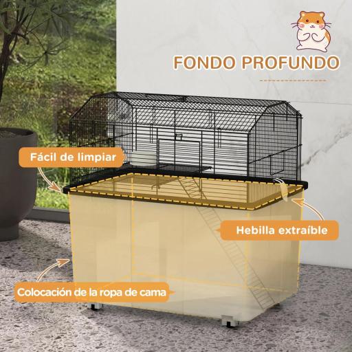 Jaula para Hámster con Fondo Profundo Plataforma Cuenco Bebedero Rampa y Ruedas 57x43x57 cm Negro [3]