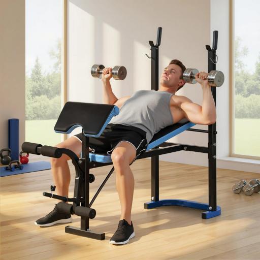 Banco de Musculación Banco de Pesas con Soporte para Barra y Respaldo Ajustable para Entrenamiento en Casa Gimnasio Azul [4]