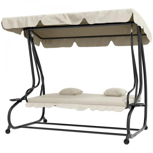Balancín de Jardín Exterior de 3 Plazas Convertible en Cama con Toldo Ajustable y 2 Almohadas Carga 340 kg Crema [8]