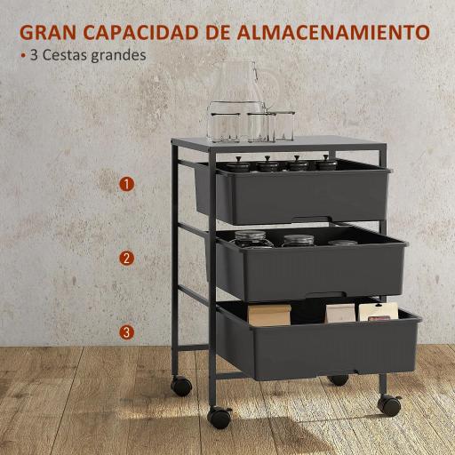 Carrito Auxiliar con Ruedas con 3 Cestas para Almacenamiento y Marco de Acero para Cocina Baño 40,8x33,5x60,5 cm Negro [2]