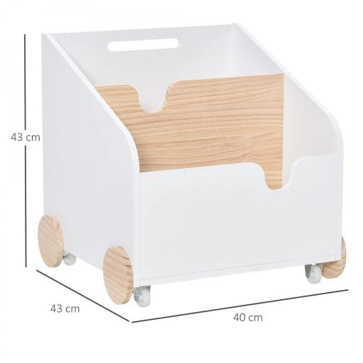 Caja de Almacenamiento de Madera para Juguetes 2 Secciones con Ruedas Asa Librería Infantil con Ruedas para Habitación de Niños 40x43x43 cm Blanco y Natural [1]
