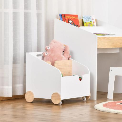 Caja de Almacenamiento de Madera para Juguetes 2 Secciones con Ruedas Asa Librería Infantil con Ruedas para Habitación de Niños 40x43x43 cm Blanco y Natural [5]