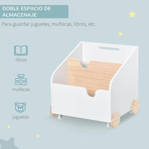 Caja de Almacenamiento de Madera para Juguetes 2 Secciones con Ruedas Asa Librería Infantil con Ruedas para Habitación de Niños 40x43x43 cm Blanco y Natural [4]