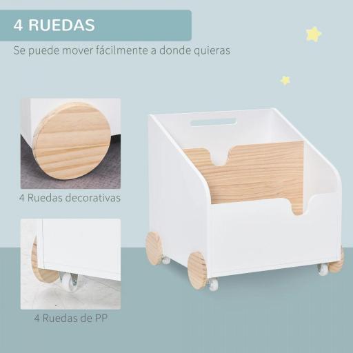 Caja de Almacenamiento de Madera para Juguetes 2 Secciones con Ruedas Asa Librería Infantil con Ruedas para Habitación de Niños 40x43x43 cm Blanco y Natural [7]
