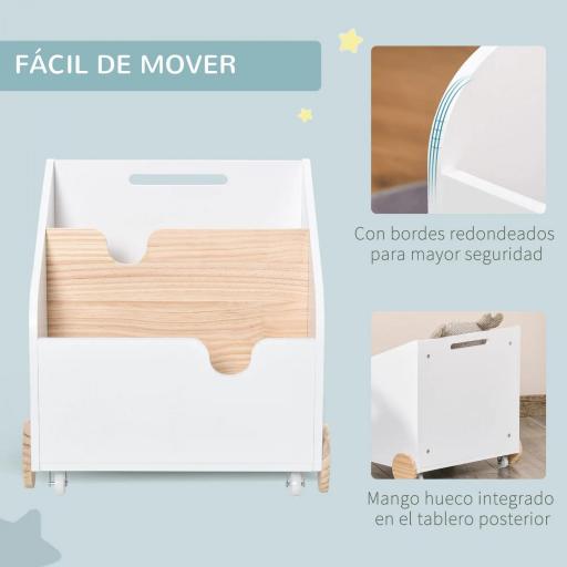 Caja de Almacenamiento de Madera para Juguetes 2 Secciones con Ruedas Asa Librería Infantil con Ruedas para Habitación de Niños 40x43x43 cm Blanco y Natural [9]