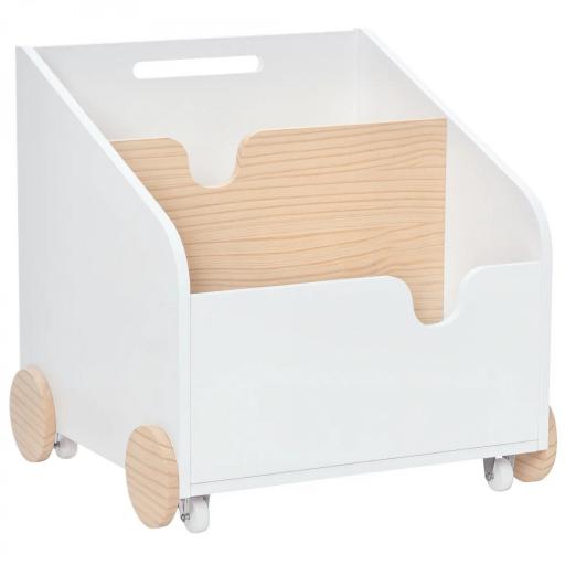Caja de Almacenamiento de Madera para Juguetes 2 Secciones con Ruedas Asa Librería Infantil con Ruedas para Habitación de Niños 40x43x43 cm Blanco y Natural [8]