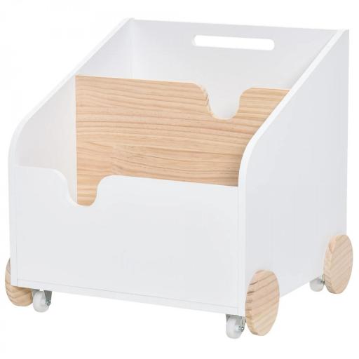 Caja de Almacenamiento de Madera para Juguetes 2 Secciones con Ruedas Asa Librería Infantil con Ruedas para Habitación de Niños 40x43x43 cm Blanco y Natural [6]