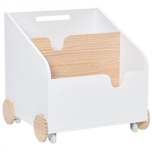 Caja de Almacenamiento de Madera para Juguetes 2 Secciones con Ruedas Asa Librería Infantil con Ruedas para Habitación de Niños 40x43x43 cm Blanco y Natural [2]