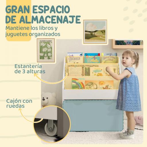 Librería Infantil de 4 Niveles Estantería para Libros Infantil con 3 Estantes y 1 Cajón con Ruedas 62,5x30x70 cm Blanco  [2]