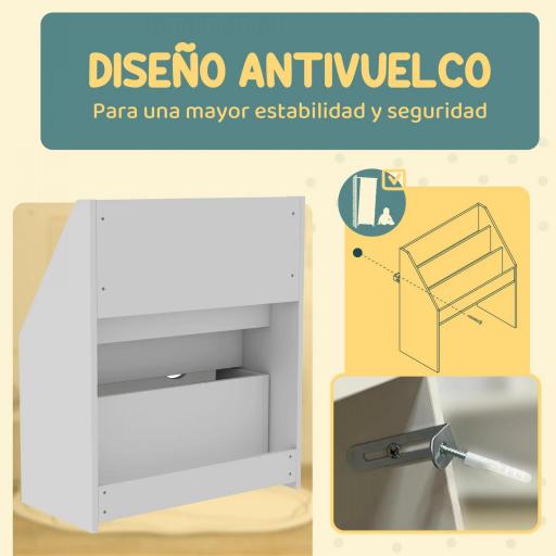 Librería Infantil de 4 Niveles Estantería para Libros Infantil con 3 Estantes y 1 Cajón con Ruedas 62,5x30x70 cm Blanco  [5]