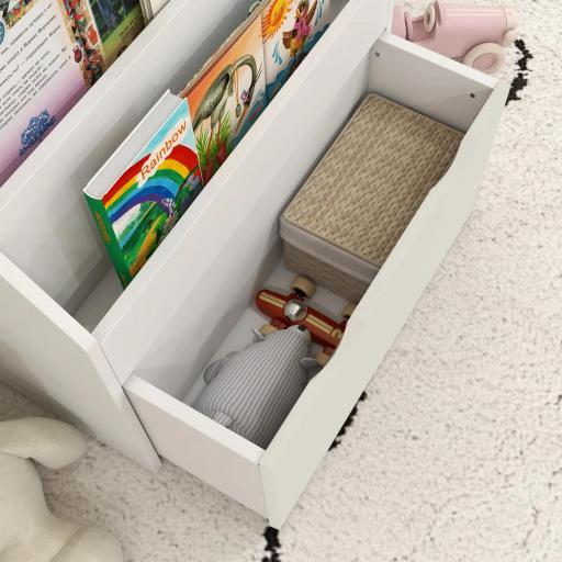 Librería Infantil de 4 Niveles Estantería para Libros Infantil con 3 Estantes y 1 Cajón con Ruedas 62,5x30x70 cm Blanco  [8]