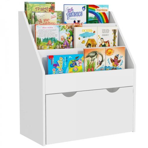 Librería Infantil de 4 Niveles Estantería para Libros Infantil con 3 Estantes y 1 Cajón con Ruedas 62,5x30x70 cm Blanco  [7]