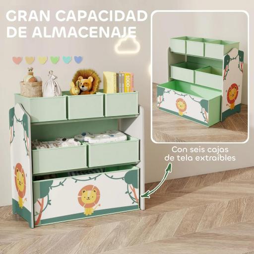Estantería Infantil para Juguetes de 3 Niveles con 6 Cajas Extraíbles de Tela no Tejida para Guardería 63x30x66 cm Verde [2]