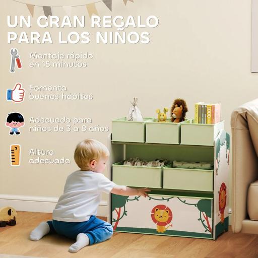 Estantería Infantil para Juguetes de 3 Niveles con 6 Cajas Extraíbles de Tela no Tejida para Guardería 63x30x66 cm Verde [5]