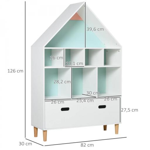 Estantería de Madera Infantil Forma de Casa Librería para Niños con 8 Compartimentos Abiertos y Cajón de 2 Colores 82x30x126 cm Blanco [2]
