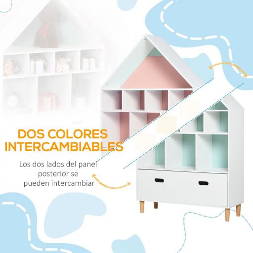 Estantería de Madera Infantil Forma de Casa Librería para Niños con 8 Compartimentos Abiertos y Cajón de 2 Colores 82x30x126 cm Blanco [3]