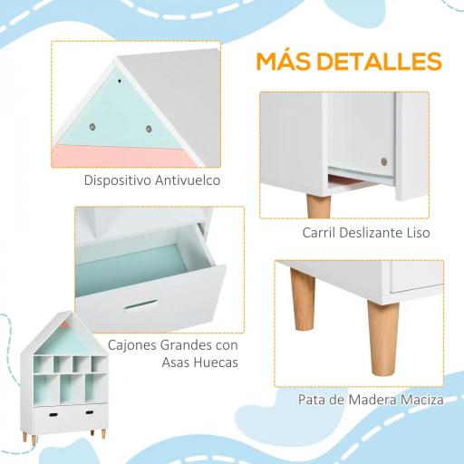 Estantería de Madera Infantil Forma de Casa Librería para Niños con 8 Compartimentos Abiertos y Cajón de 2 Colores 82x30x126 cm Blanco [6]