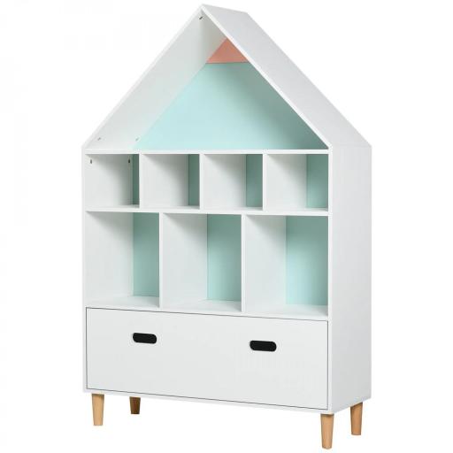 Estantería de Madera Infantil Forma de Casa Librería para Niños con 8 Compartimentos Abiertos y Cajón de 2 Colores 82x30x126 cm Blanco [8]
