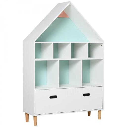 Estantería de Madera Infantil Forma de Casa Librería para Niños con 8 Compartimentos Abiertos y Cajón de 2 Colores 82x30x126 cm Blanco [9]