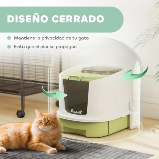 Arenero Cerrado para Gatos con Entrada Frontal Salida Superior Bandeja Extraíble y Pala 40,5x52,5x42,5 cm Blanco y Verde [2]