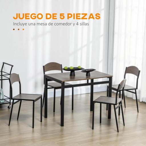 Juego de Mesa y 4 Sillas de Comedor Estilo Moderno Marco Metálico para Espacios Pequeños Marrón Oscuro y Negro [2]