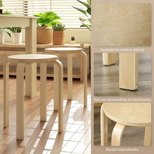 Juego de 4 Taburetes Apilables Taburetes de Madera Redondos Carga 120 kg para Cocina Salón Ø40x45 cm Madera Natural [5]