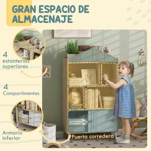 Librería Infantil con 4 Compartimentos Estantes Abiertos y Armario 80x30x140,5 cm Blanco y Natural [7]