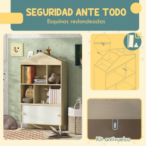Librería Infantil con 4 Compartimentos Estantes Abiertos y Armario 80x30x140,5 cm Blanco y Natural [5]