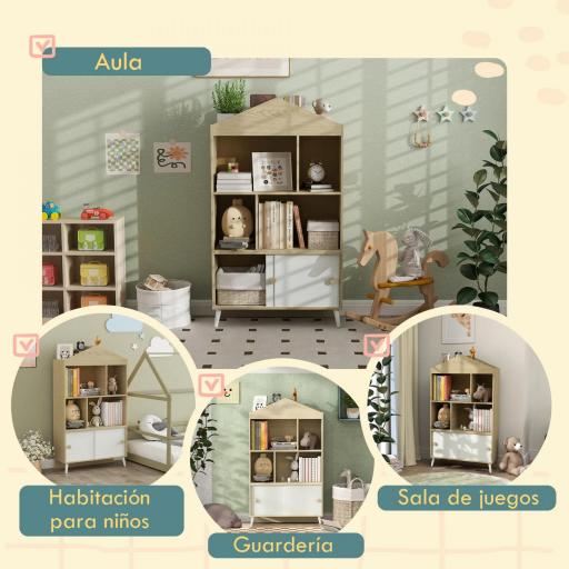 Librería Infantil con 4 Compartimentos Estantes Abiertos y Armario 80x30x140,5 cm Blanco y Natural [1]