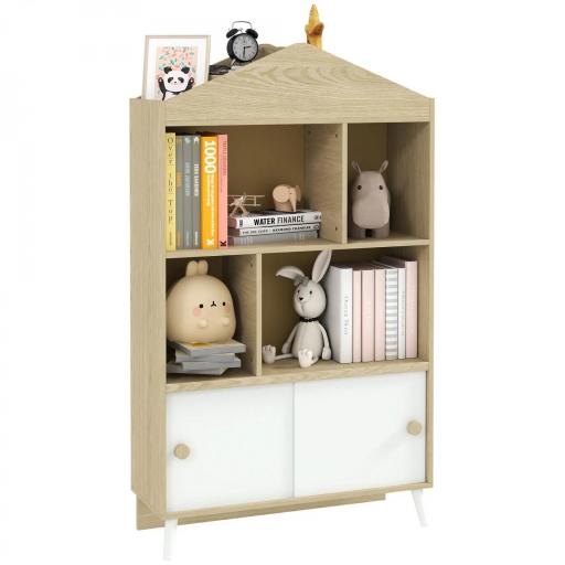 Librería Infantil con 4 Compartimentos Estantes Abiertos y Armario 80x30x140,5 cm Blanco y Natural [9]
